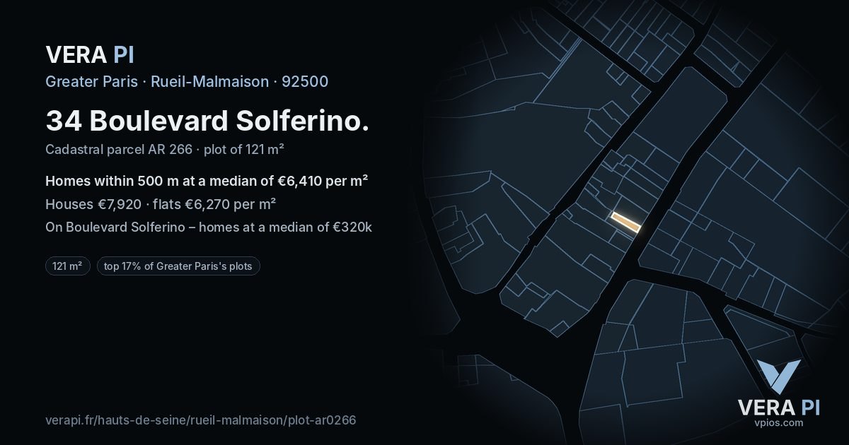 34 Boulevard Solferino, Rueil-Malmaison at night – the plot lit, the parcels around coloured by the prices near them
