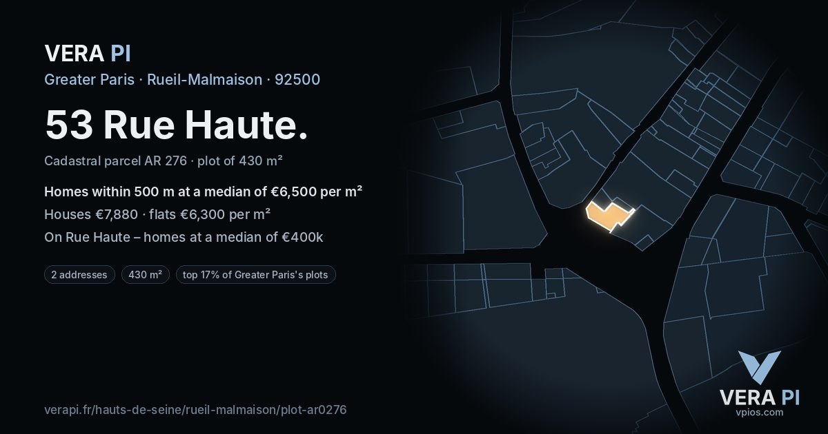 53 Rue Haute, Rueil-Malmaison at night – the plot lit, the parcels around coloured by the prices near them