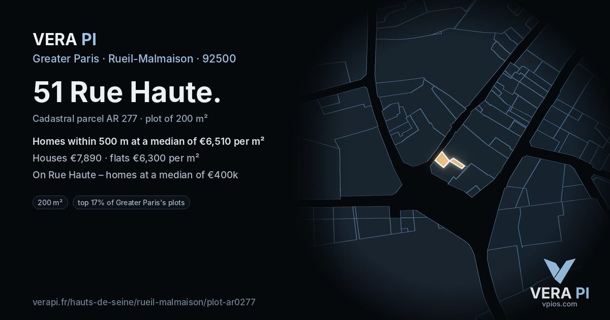 51 Rue Haute, Rueil-Malmaison at night – the plot lit, the parcels around coloured by the prices near them