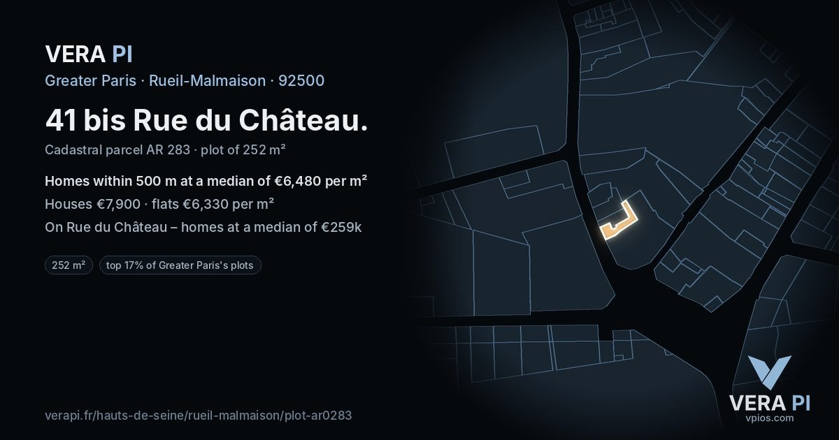 41 bis Rue du Château, Rueil-Malmaison at night – the plot lit, the parcels around coloured by the prices near them