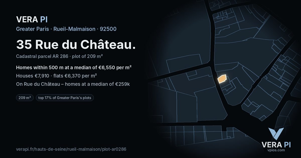 35 Rue du Château, Rueil-Malmaison at night – the plot lit, the parcels around coloured by the prices near them