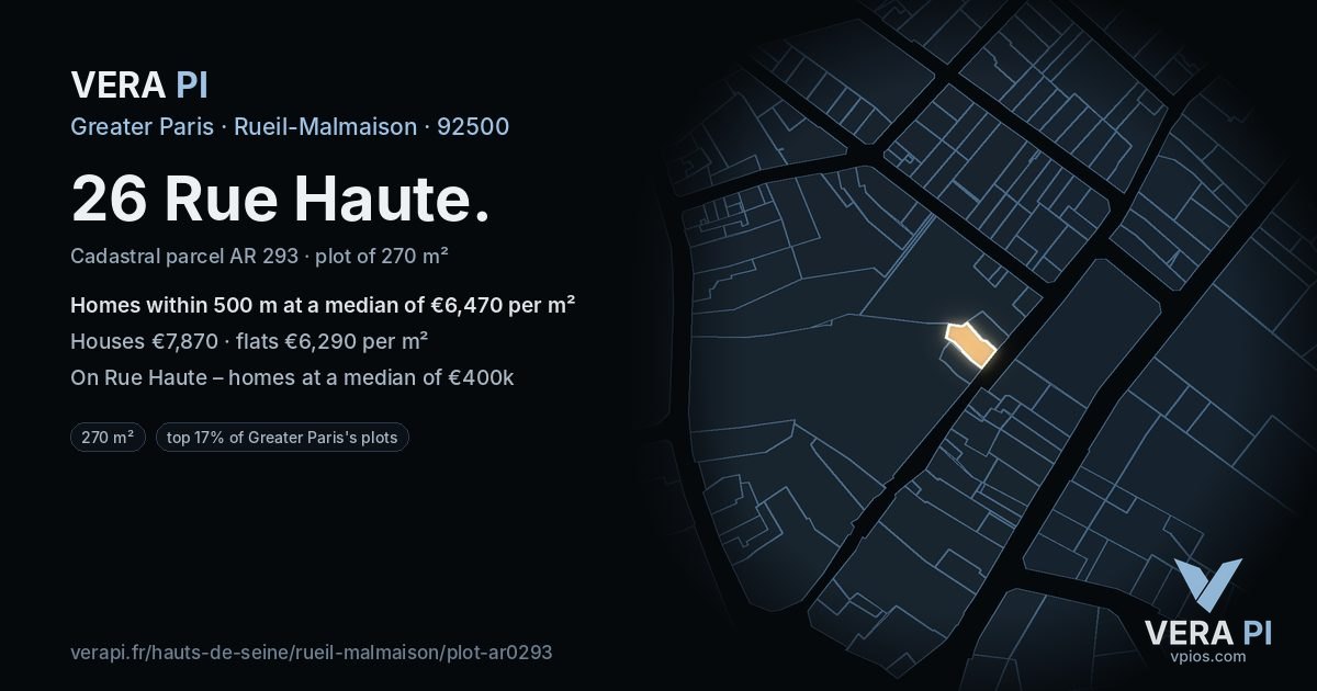 26 Rue Haute, Rueil-Malmaison at night – the plot lit, the parcels around coloured by the prices near them