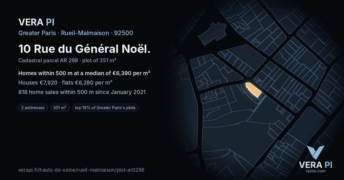 10 Rue du Général Noël, Rueil-Malmaison at night – the plot lit, the parcels around coloured by the prices near them
