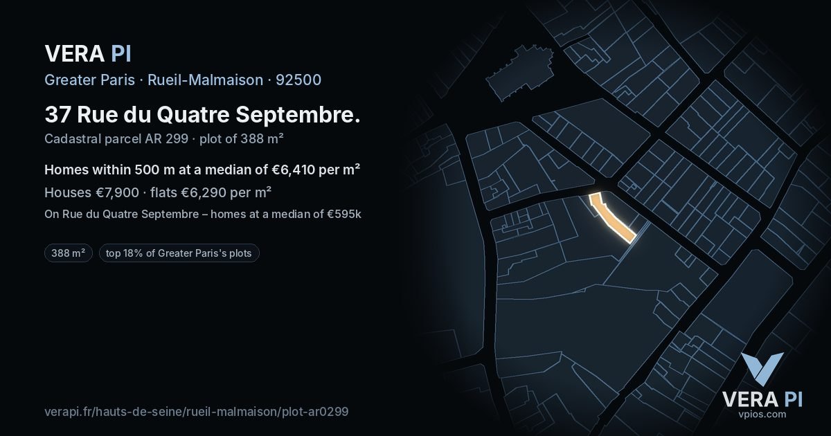 37 Rue du Quatre Septembre, Rueil-Malmaison at night – the plot lit, the parcels around coloured by the prices near them