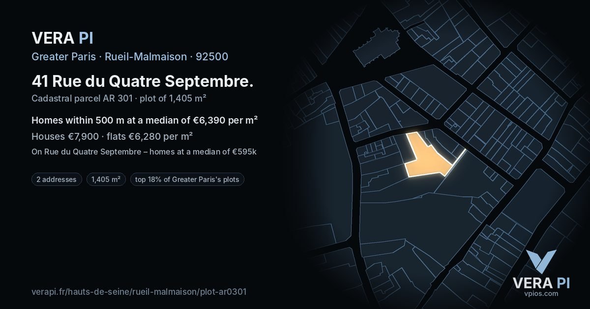41 Rue du Quatre Septembre, Rueil-Malmaison at night – the plot lit, the parcels around coloured by the prices near them