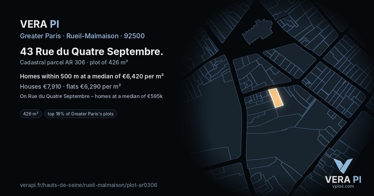 43 Rue du Quatre Septembre, Rueil-Malmaison at night – the plot lit, the parcels around coloured by the prices near them