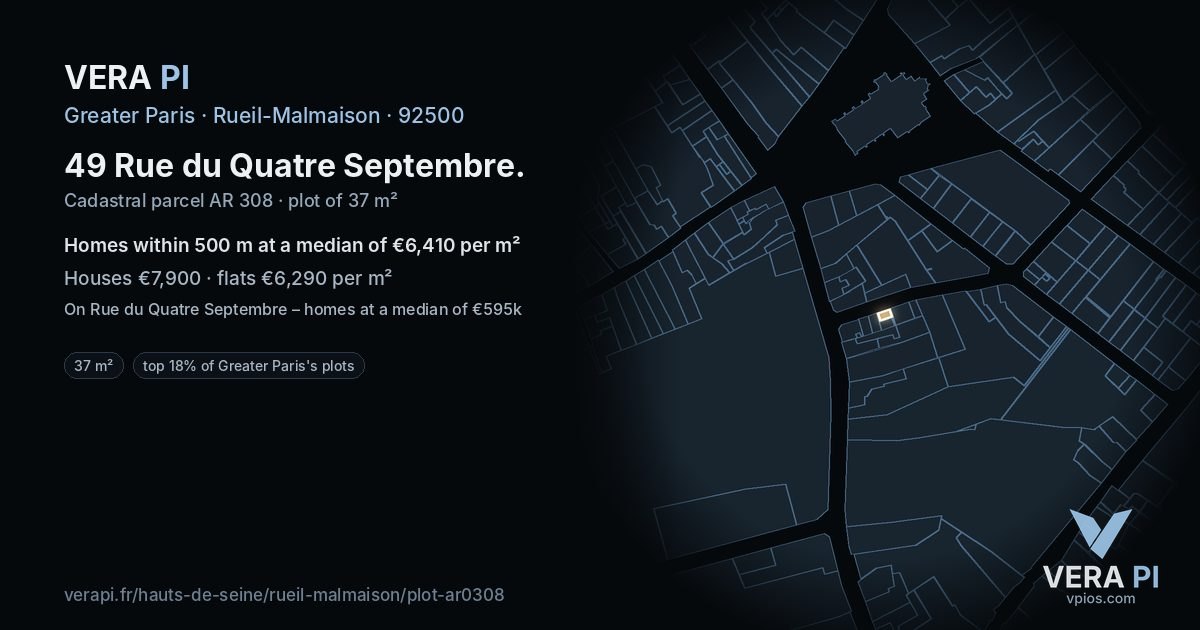 49 Rue du Quatre Septembre, Rueil-Malmaison at night – the plot lit, the parcels around coloured by the prices near them