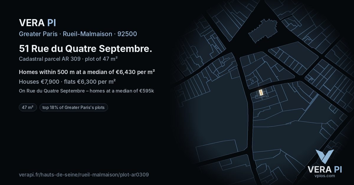 51 Rue du Quatre Septembre, Rueil-Malmaison at night – the plot lit, the parcels around coloured by the prices near them