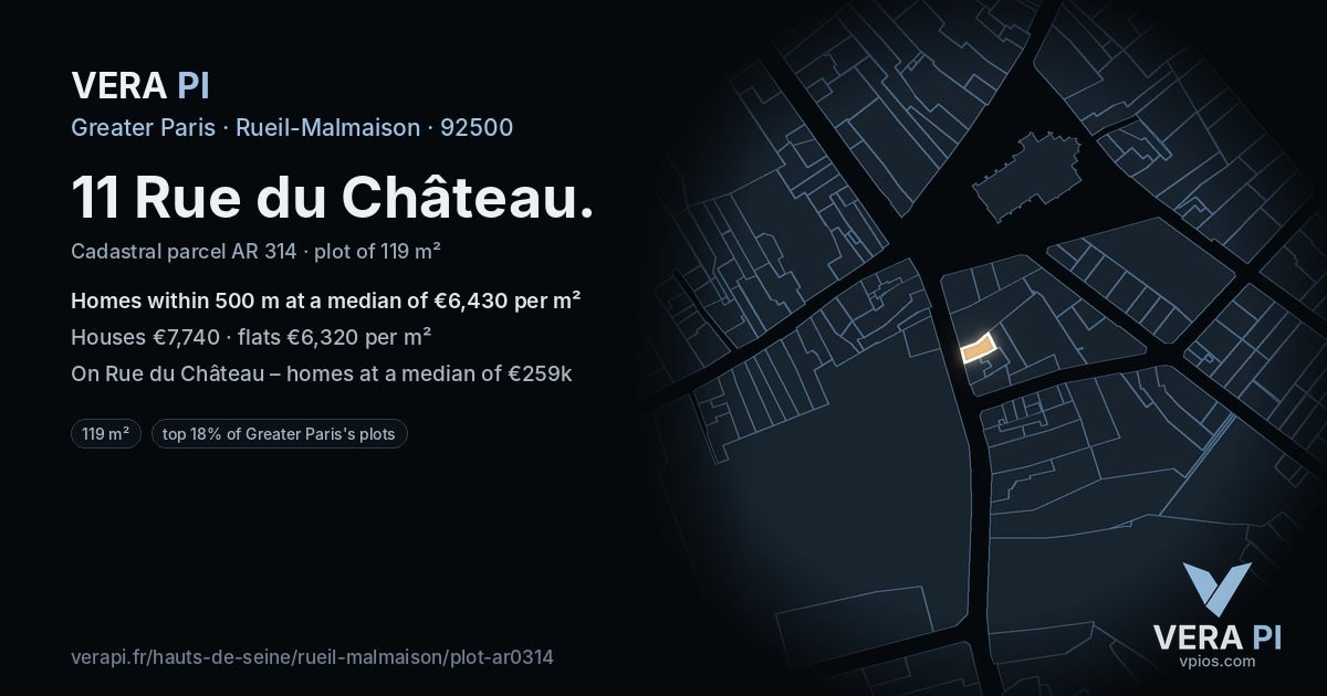 11 Rue du Château, Rueil-Malmaison at night – the plot lit, the parcels around coloured by the prices near them