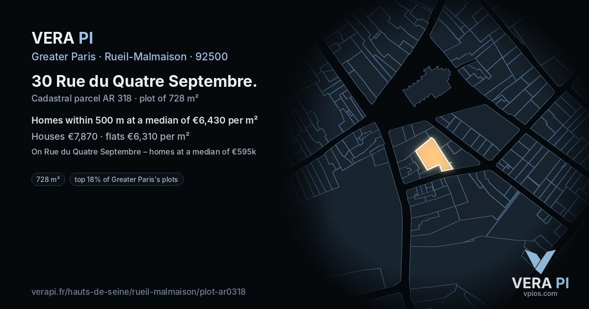 30 Rue du Quatre Septembre, Rueil-Malmaison at night – the plot lit, the parcels around coloured by the prices near them