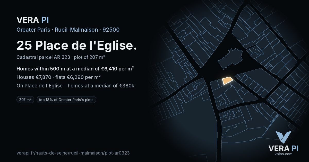 25 Place de l'Eglise, Rueil-Malmaison at night – the plot lit, the parcels around coloured by the prices near them