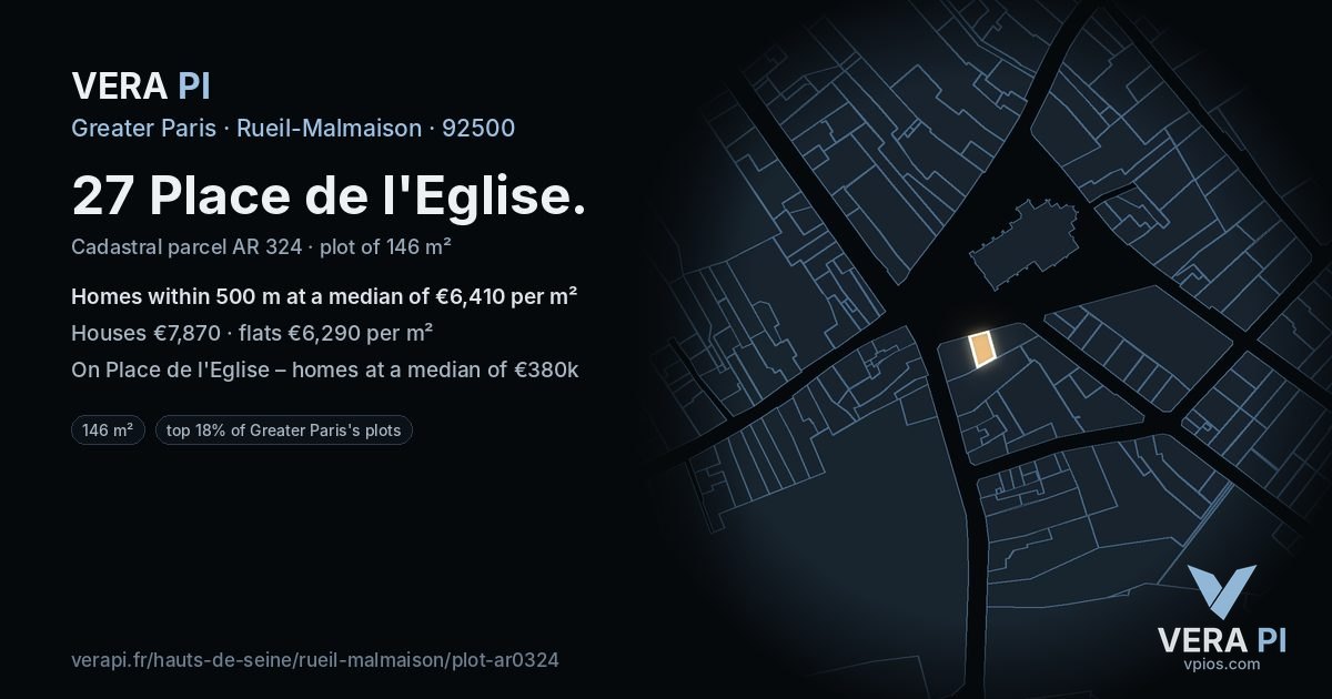 27 Place de l'Eglise, Rueil-Malmaison at night – the plot lit, the parcels around coloured by the prices near them