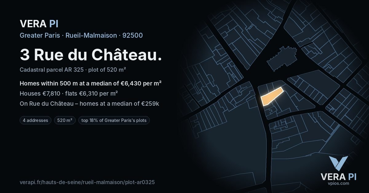 3 Rue du Château, Rueil-Malmaison at night – the plot lit, the parcels around coloured by the prices near them
