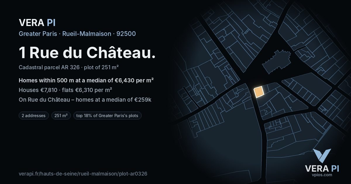 1 Rue du Château, Rueil-Malmaison at night – the plot lit, the parcels around coloured by the prices near them
