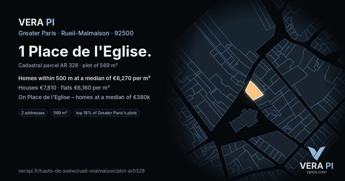 1 Place de l'Eglise, Rueil-Malmaison at night – the plot lit, the parcels around coloured by the prices near them