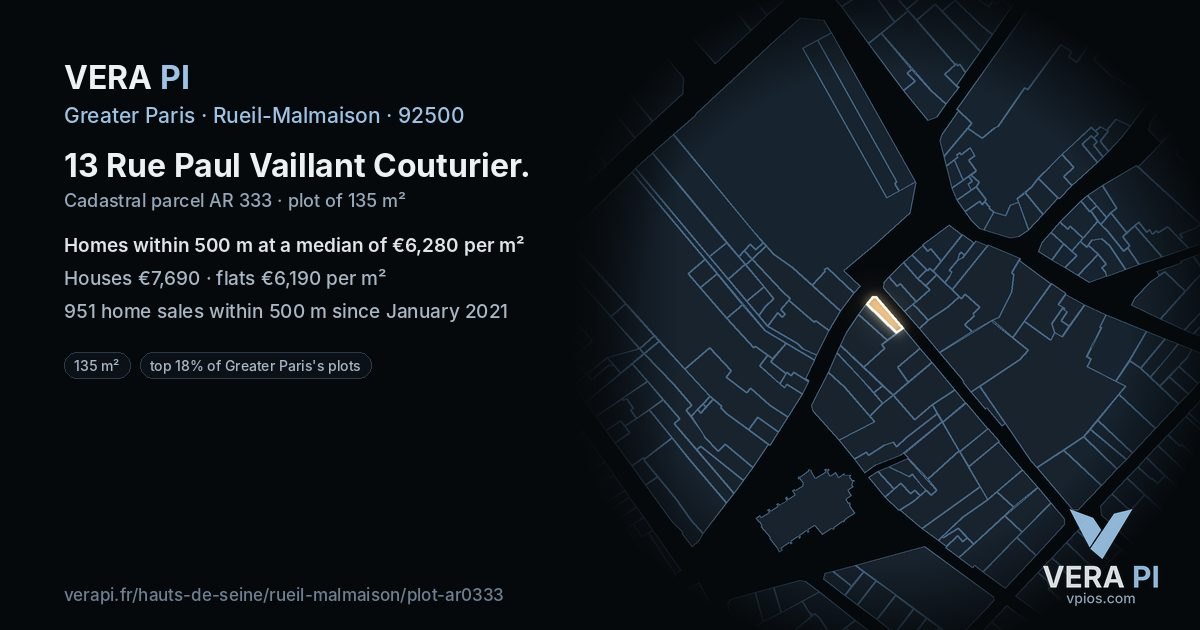 13 Rue Paul Vaillant Couturier, Rueil-Malmaison at night – the plot lit, the parcels around coloured by the prices near them