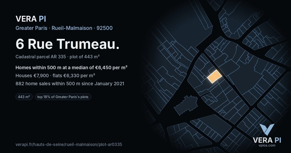 6 Rue Trumeau, Rueil-Malmaison at night – the plot lit, the parcels around coloured by the prices near them