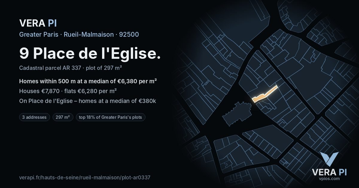 9 Place de l'Eglise, Rueil-Malmaison at night – the plot lit, the parcels around coloured by the prices near them