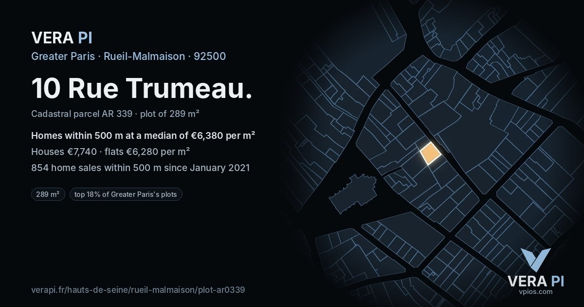 10 Rue Trumeau, Rueil-Malmaison at night – the plot lit, the parcels around coloured by the prices near them