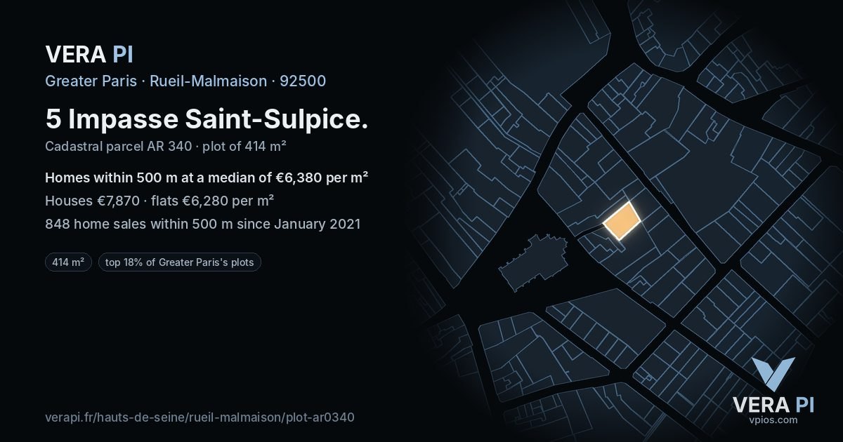 5 Impasse Saint-Sulpice, Rueil-Malmaison at night – the plot lit, the parcels around coloured by the prices near them