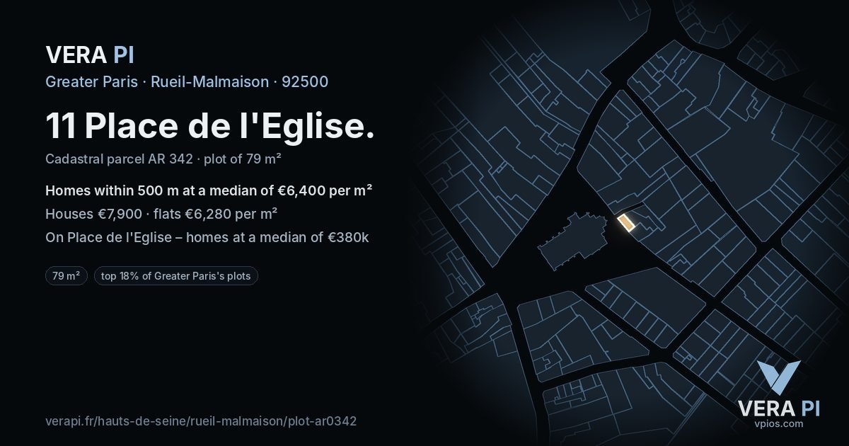 11 Place de l'Eglise, Rueil-Malmaison at night – the plot lit, the parcels around coloured by the prices near them