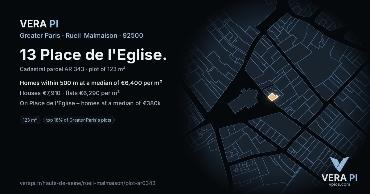 13 Place de l'Eglise, Rueil-Malmaison at night – the plot lit, the parcels around coloured by the prices near them