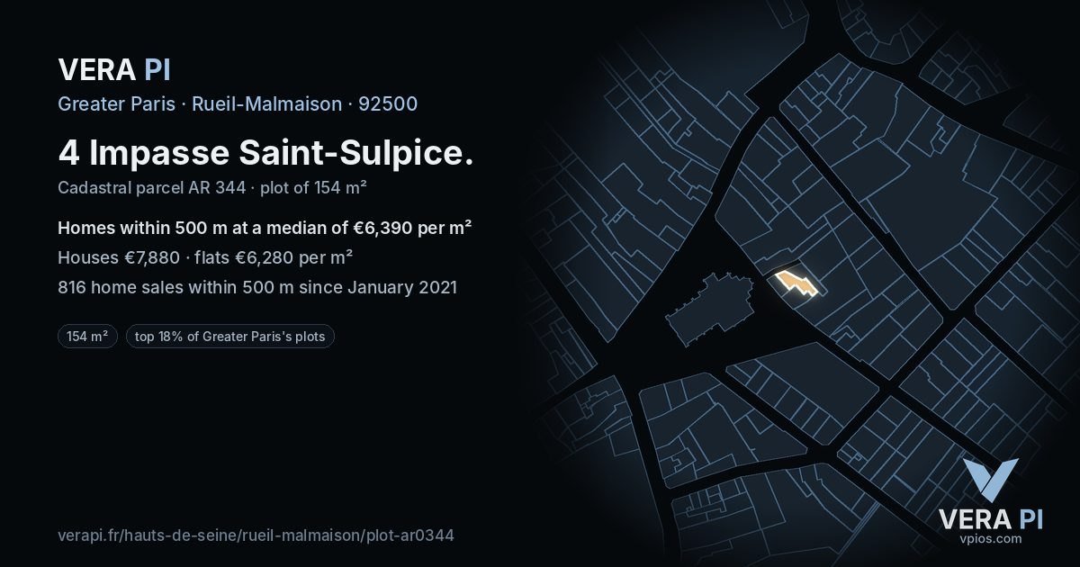 4 Impasse Saint-Sulpice, Rueil-Malmaison at night – the plot lit, the parcels around coloured by the prices near them