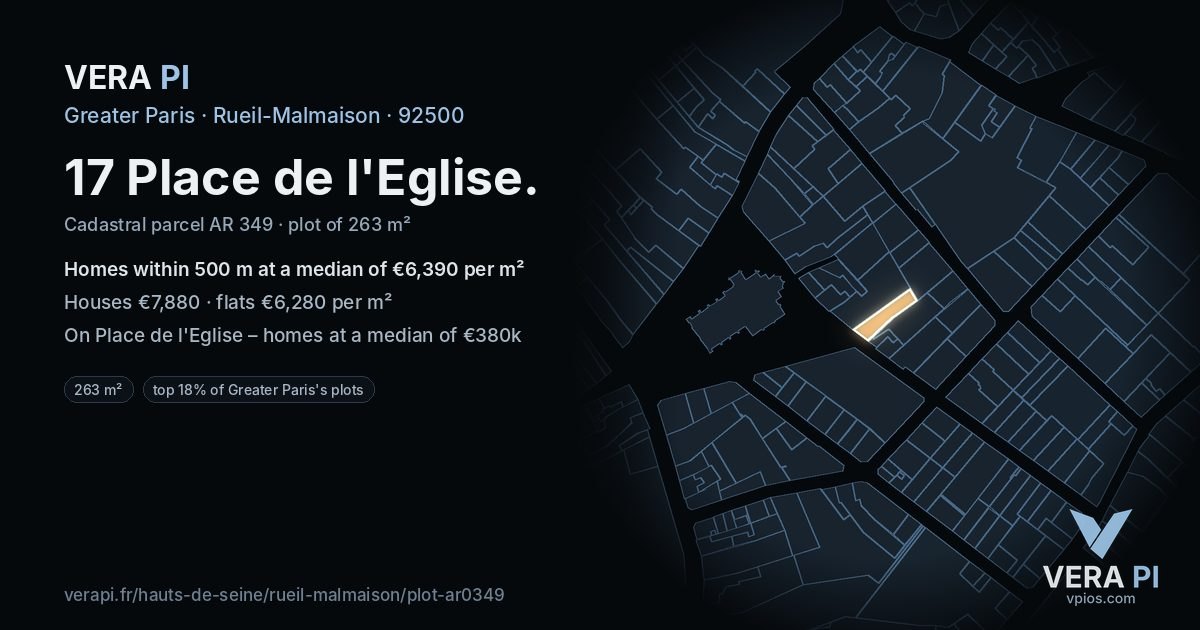 17 Place de l'Eglise, Rueil-Malmaison at night – the plot lit, the parcels around coloured by the prices near them