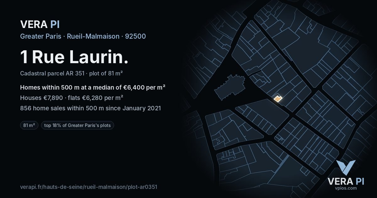 1 Rue Laurin, Rueil-Malmaison at night – the plot lit, the parcels around coloured by the prices near them