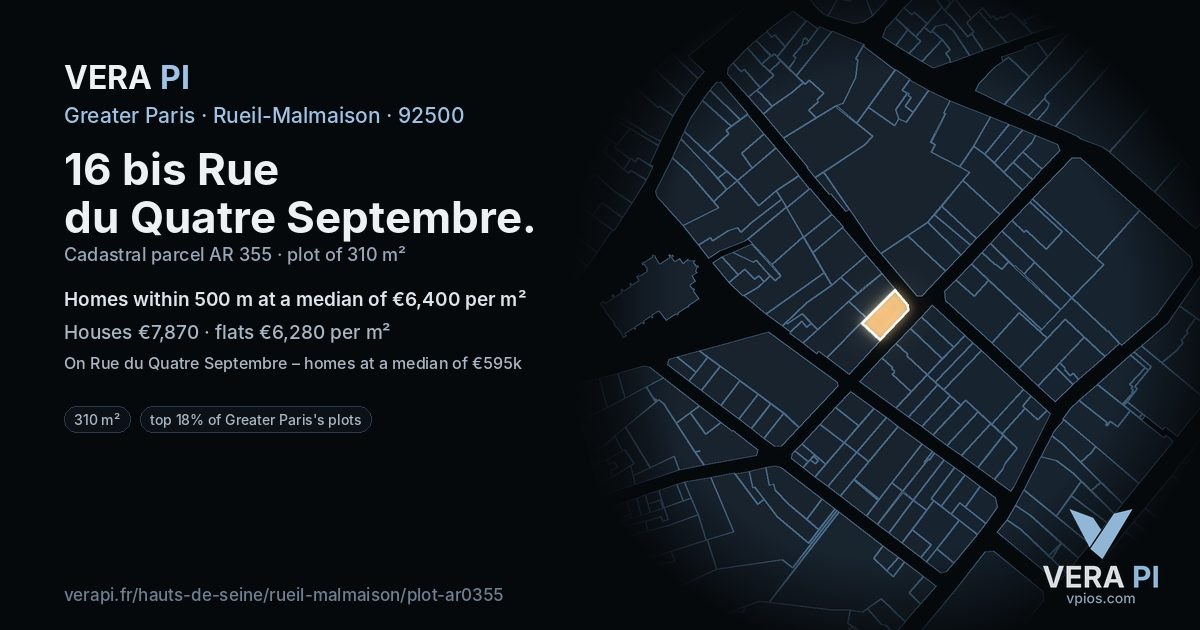 16 bis Rue du Quatre Septembre, Rueil-Malmaison at night – the plot lit, the parcels around coloured by the prices near them