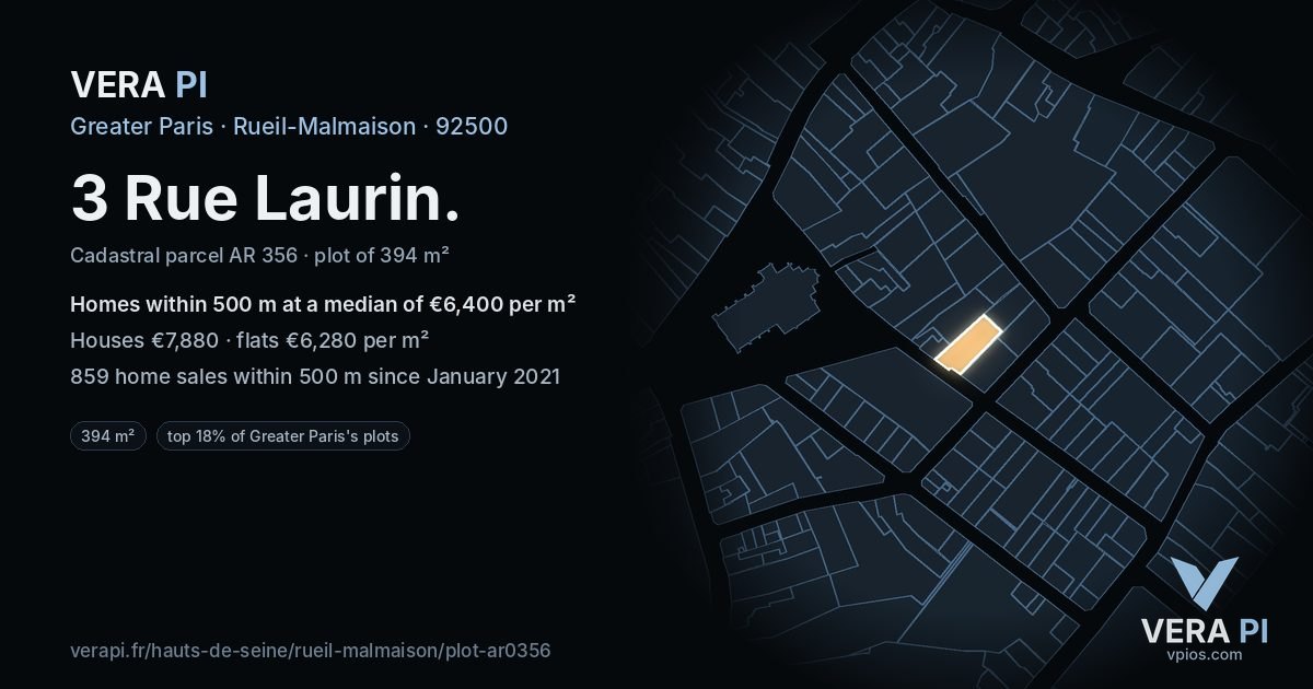 3 Rue Laurin, Rueil-Malmaison at night – the plot lit, the parcels around coloured by the prices near them