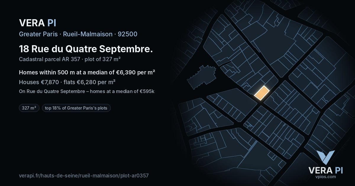 18 Rue du Quatre Septembre, Rueil-Malmaison at night – the plot lit, the parcels around coloured by the prices near them