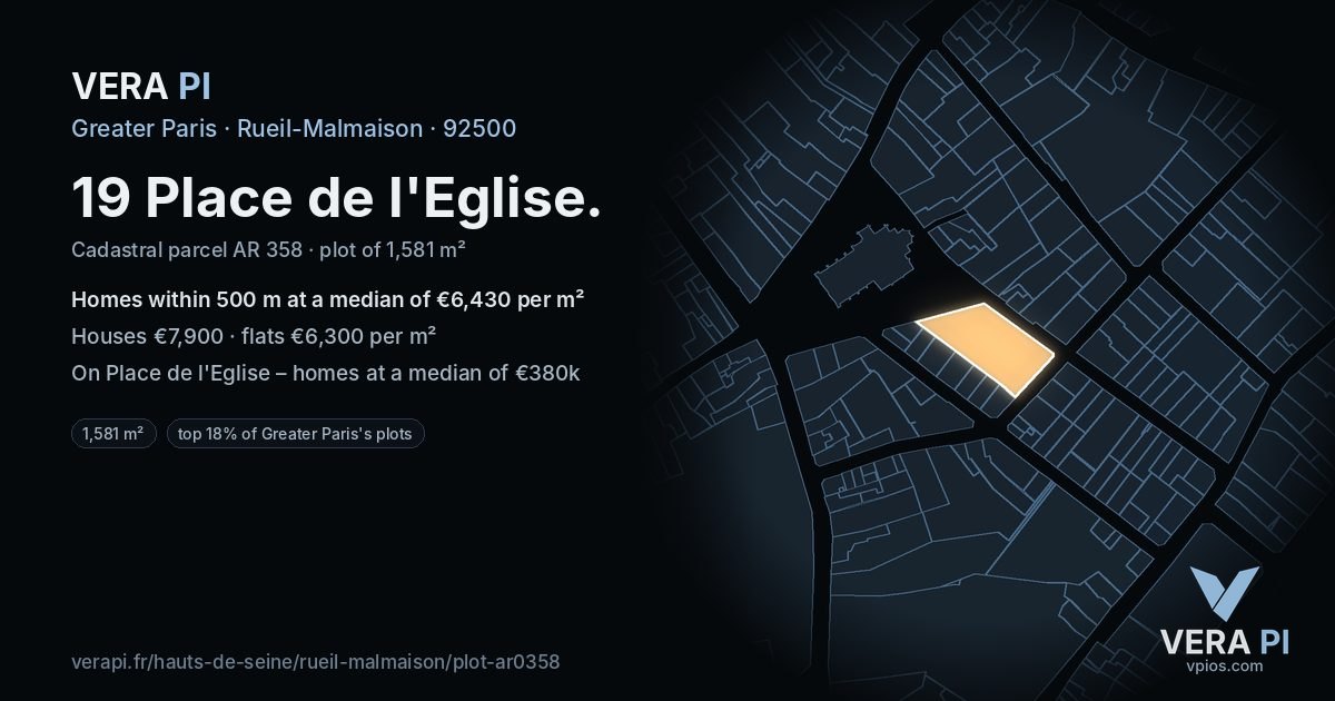 19 Place de l'Eglise, Rueil-Malmaison at night – the plot lit, the parcels around coloured by the prices near them
