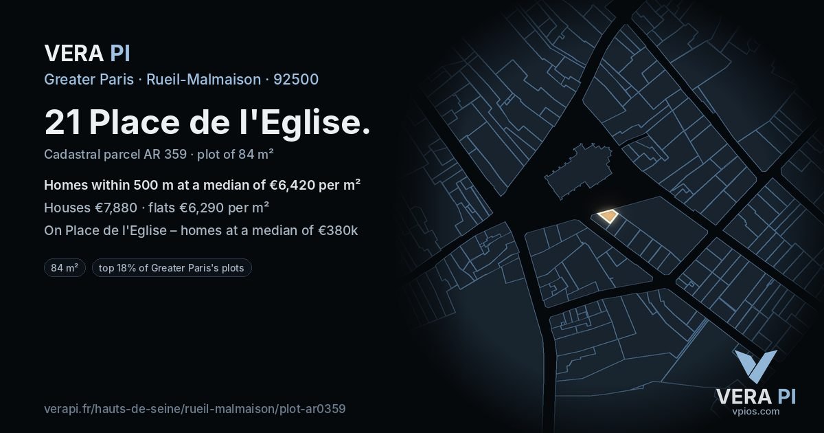 21 Place de l'Eglise, Rueil-Malmaison at night – the plot lit, the parcels around coloured by the prices near them