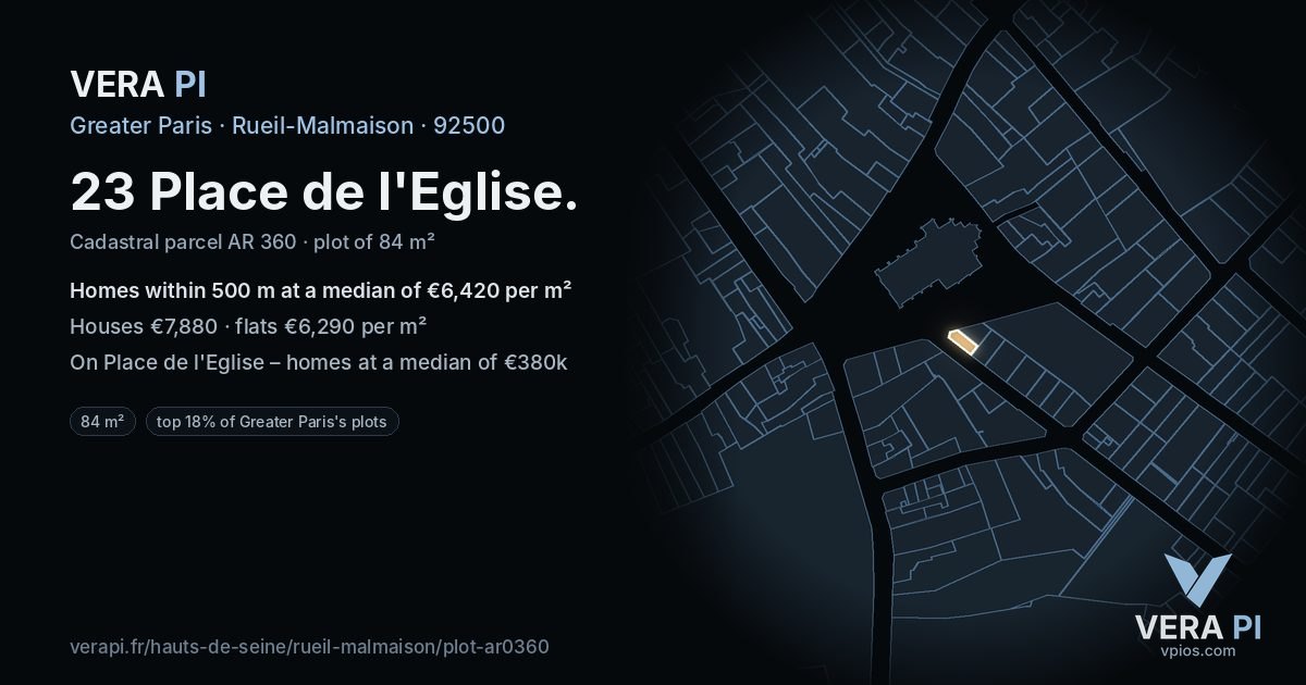 23 Place de l'Eglise, Rueil-Malmaison at night – the plot lit, the parcels around coloured by the prices near them