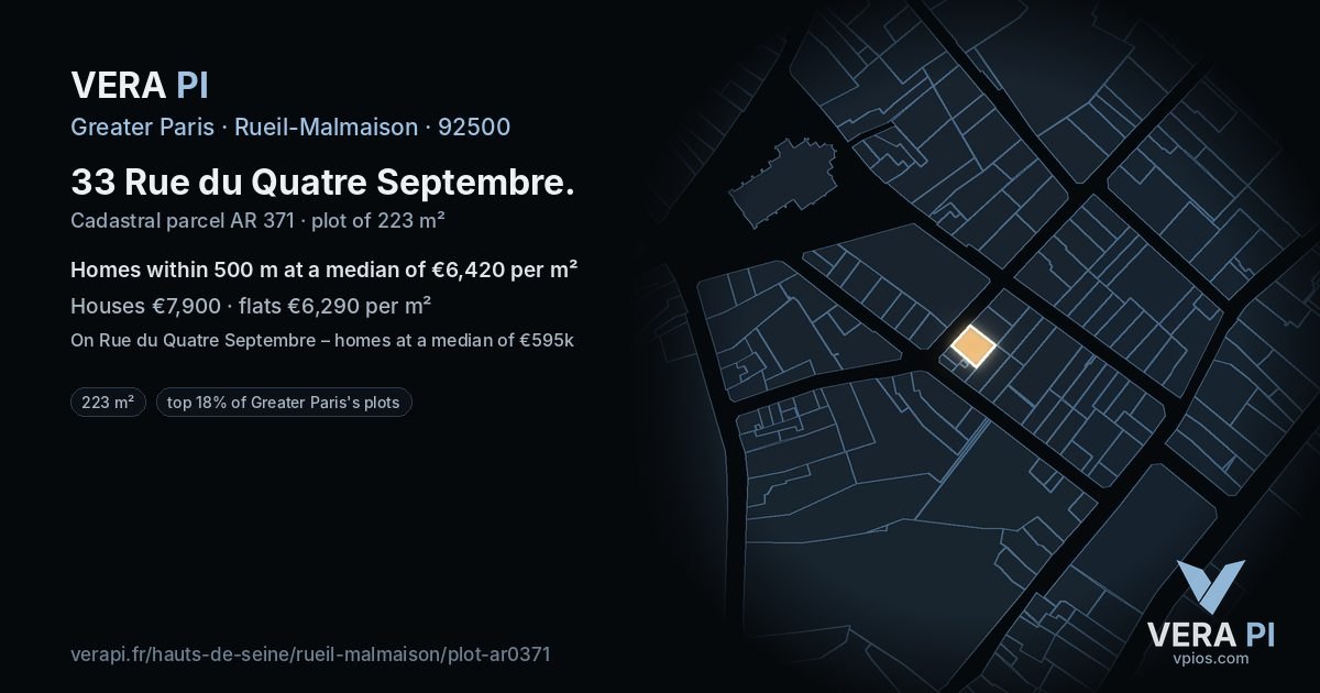 33 Rue du Quatre Septembre, Rueil-Malmaison at night – the plot lit, the parcels around coloured by the prices near them