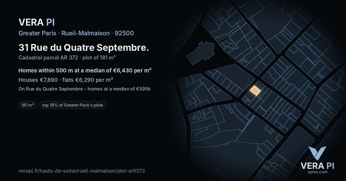 31 Rue du Quatre Septembre, Rueil-Malmaison at night – the plot lit, the parcels around coloured by the prices near them