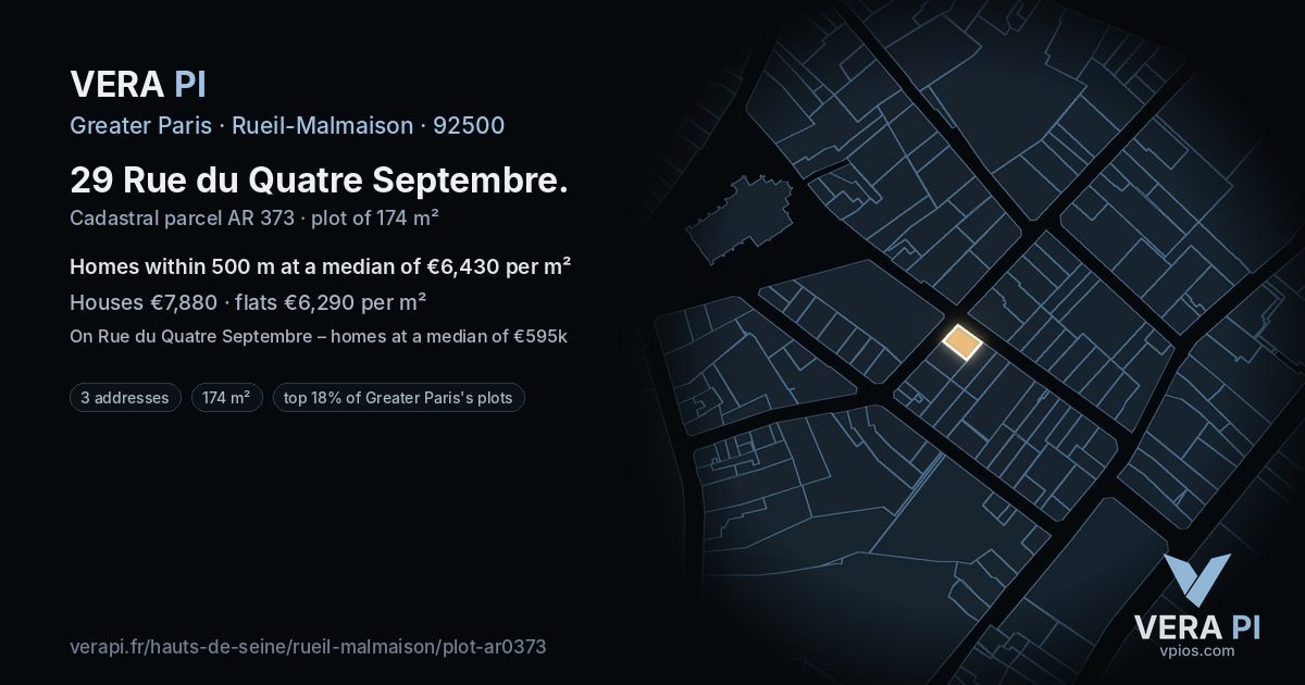 29 Rue du Quatre Septembre, Rueil-Malmaison at night – the plot lit, the parcels around coloured by the prices near them