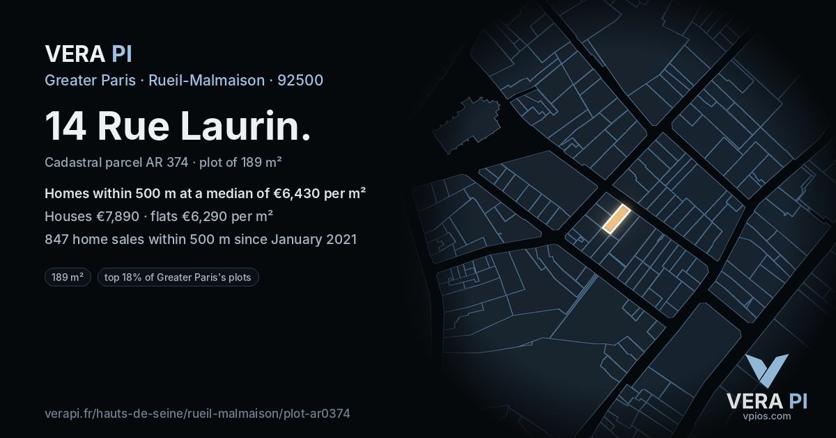 14 Rue Laurin, Rueil-Malmaison at night – the plot lit, the parcels around coloured by the prices near them
