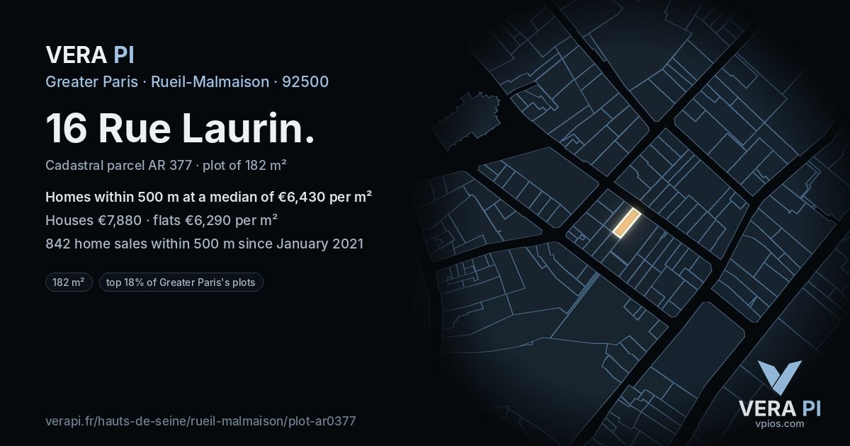 16 Rue Laurin, Rueil-Malmaison at night – the plot lit, the parcels around coloured by the prices near them