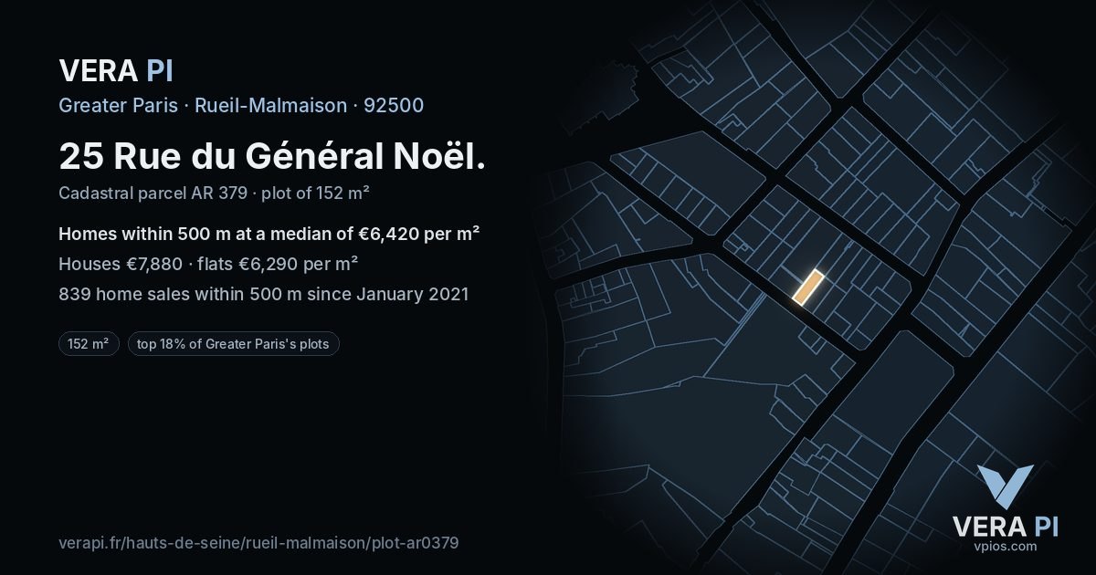 25 Rue du Général Noël, Rueil-Malmaison at night – the plot lit, the parcels around coloured by the prices near them