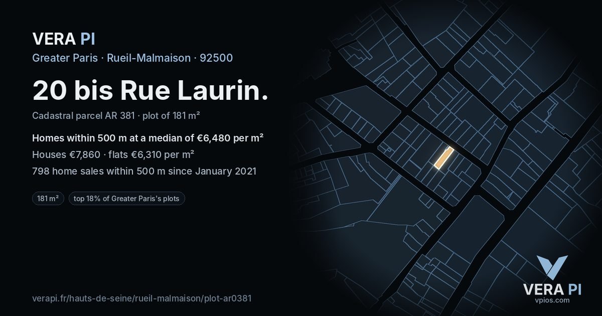 20 bis Rue Laurin, Rueil-Malmaison at night – the plot lit, the parcels around coloured by the prices near them