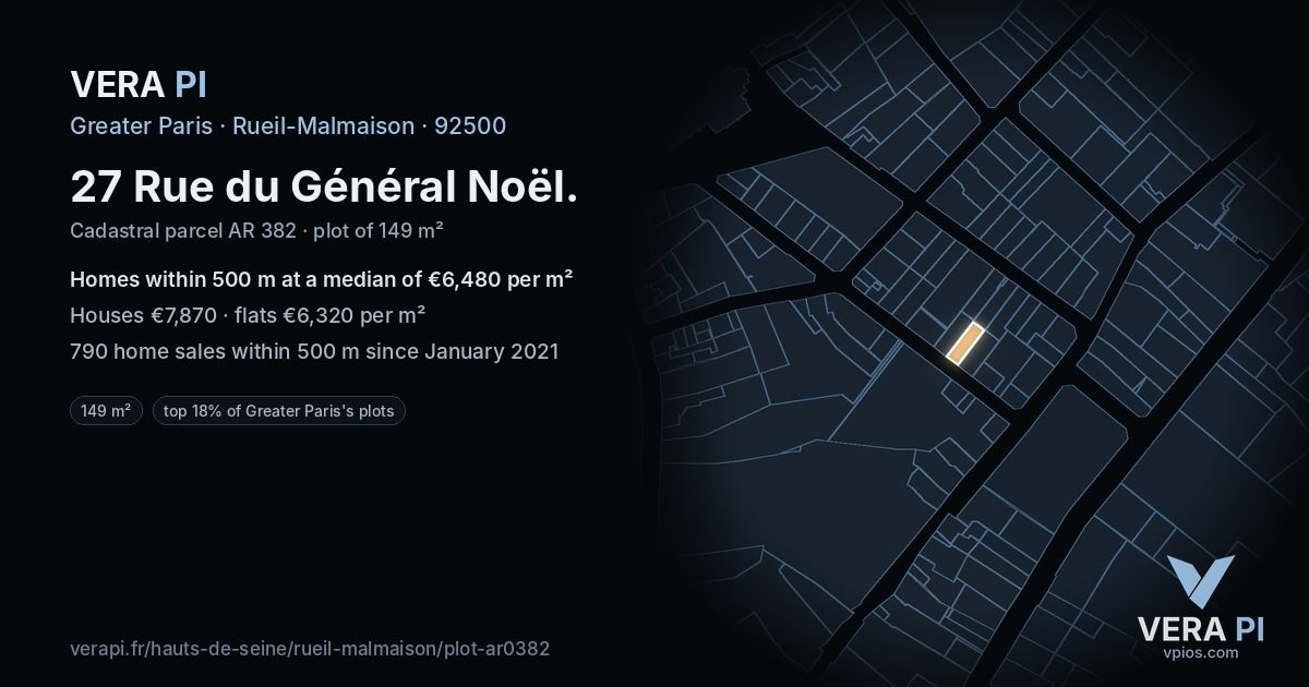 27 Rue du Général Noël, Rueil-Malmaison at night – the plot lit, the parcels around coloured by the prices near them