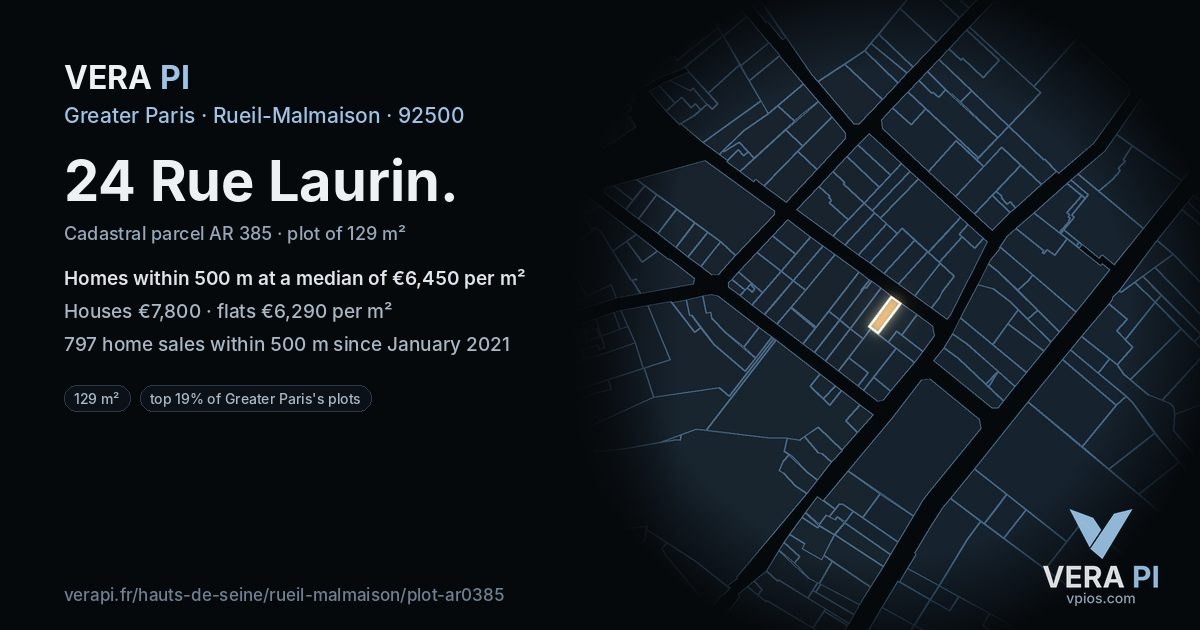 24 Rue Laurin, Rueil-Malmaison at night – the plot lit, the parcels around coloured by the prices near them
