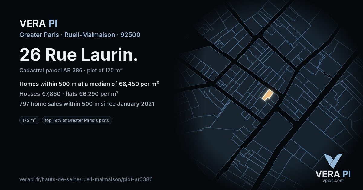 26 Rue Laurin, Rueil-Malmaison at night – the plot lit, the parcels around coloured by the prices near them