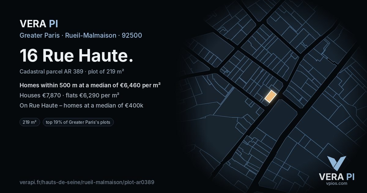 16 Rue Haute, Rueil-Malmaison at night – the plot lit, the parcels around coloured by the prices near them
