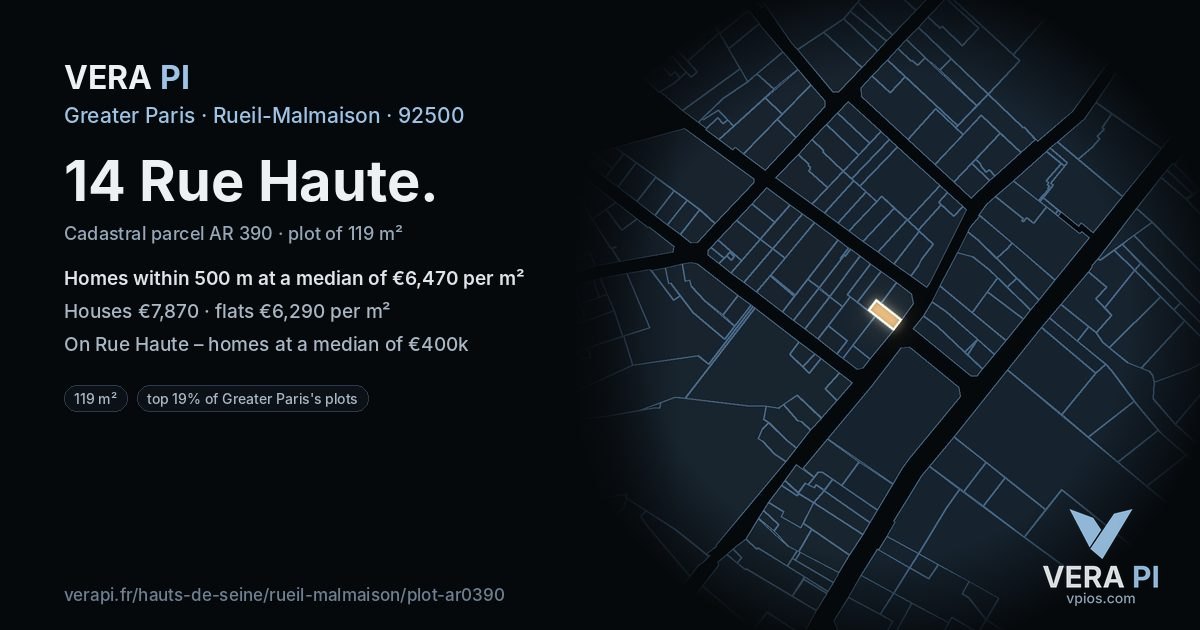 14 Rue Haute, Rueil-Malmaison at night – the plot lit, the parcels around coloured by the prices near them