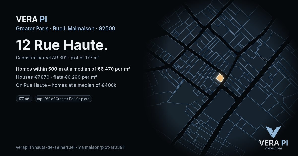 12 Rue Haute, Rueil-Malmaison at night – the plot lit, the parcels around coloured by the prices near them