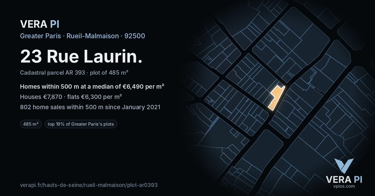 23 Rue Laurin, Rueil-Malmaison at night – the plot lit, the parcels around coloured by the prices near them