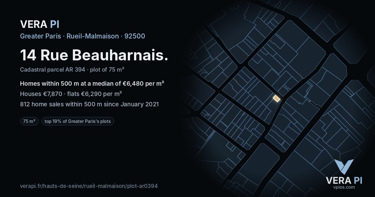 14 Rue Beauharnais, Rueil-Malmaison at night – the plot lit, the parcels around coloured by the prices near them